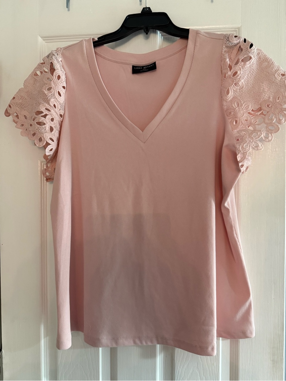 Lane Bryant Blush Pink V-Neck Tee with Lace Eyelet Sleeves